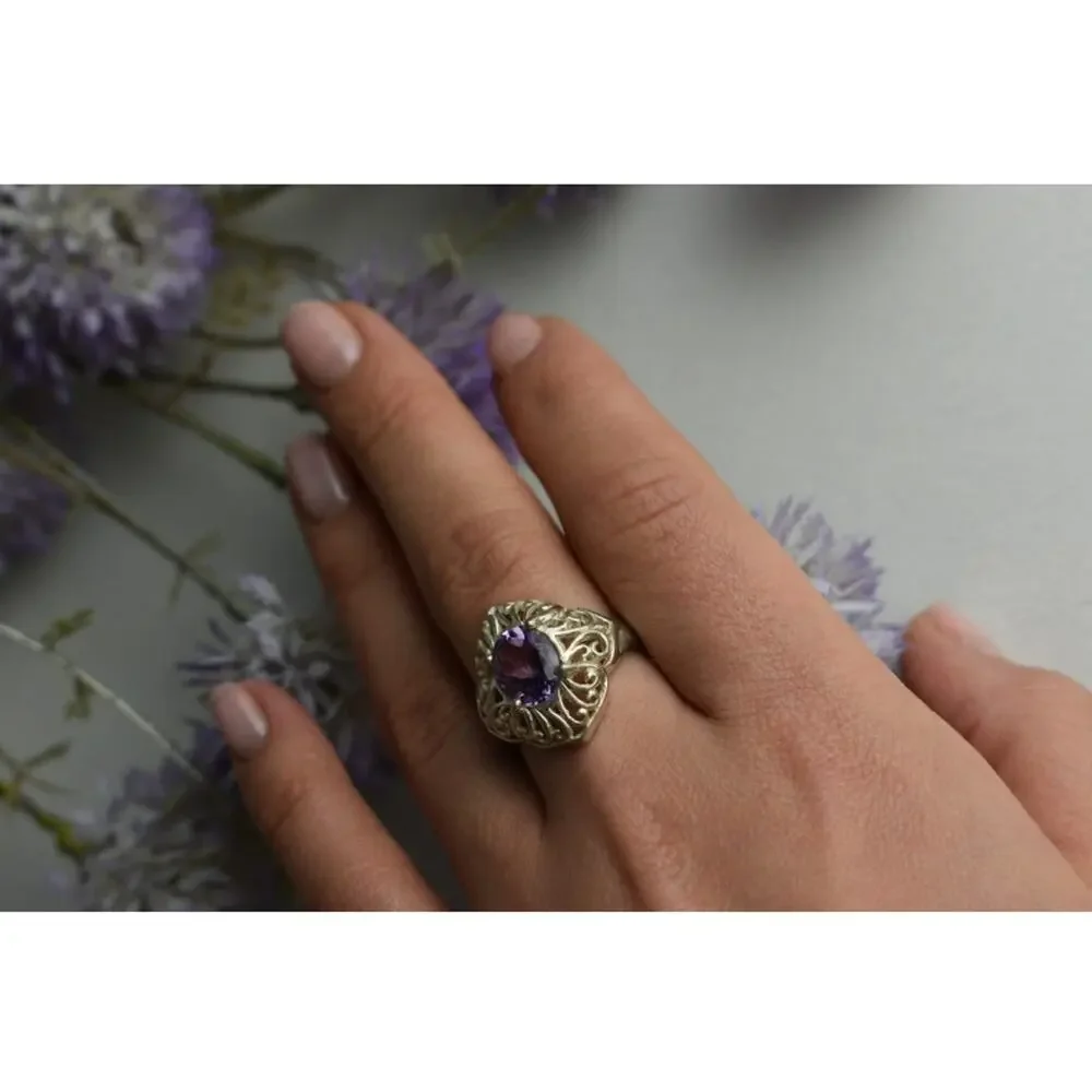 925 Sterling Silver Purple Tourmaline Ring Size 8